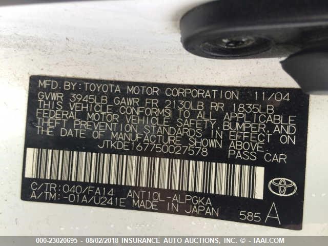 JTKDE167750027578 - 2005 TOYOTA SCION TC WHITE photo 9