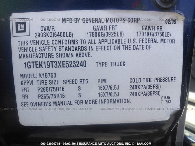 1GTEK19T3XE523240 - 1999 GMC NEW SIERRA K1500 BLUE photo 9