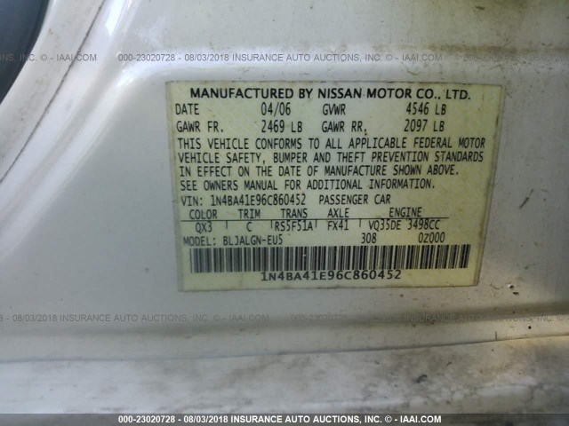 1N4BA41E96C860452 - 2006 NISSAN MAXIMA SE/SL WHITE photo 9