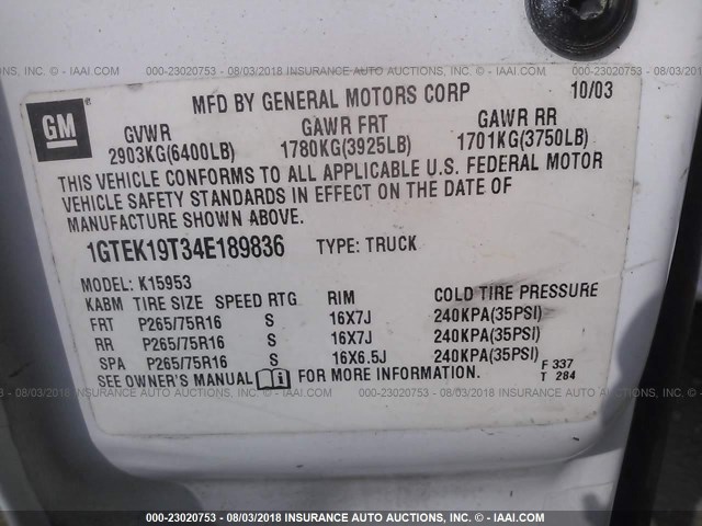 1GTEK19T34E189836 - 2004 GMC NEW SIERRA K1500 WHITE photo 9