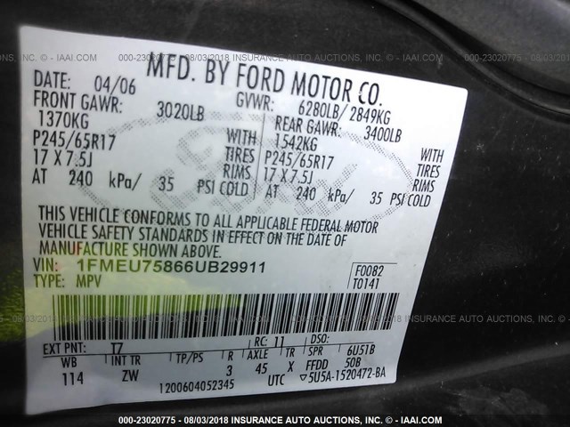 1FMEU75866UB29911 - 2006 FORD EXPLORER LIMITED ყავისფერი ფოტო 9