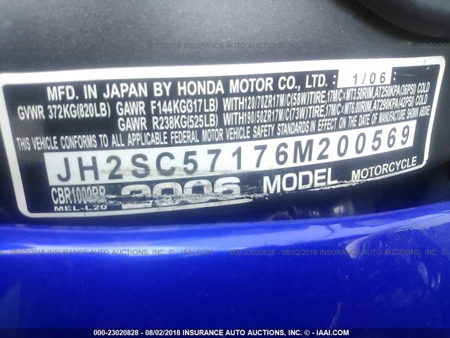 JH2SC57176M200569 - 2006 HONDA CBR1000 RR BLUE photo 10