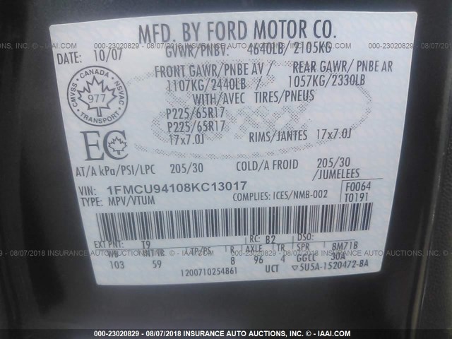 1FMCU94108KC13017 - 2008 FORD ESCAPE LIMITED GRAY photo 9