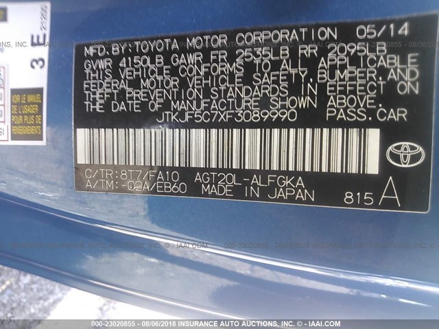 JTKJF5C7XF3089990 - 2015 TOYOTA SCION TC 蓝色 照片 9