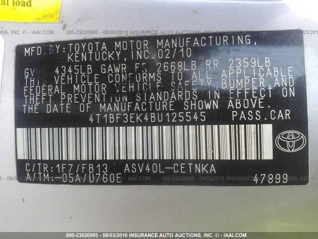 4T1BF3EK4BU125545 - 2011 TOYOTA CAMRY SE/LE/XLE SILVER photo 9