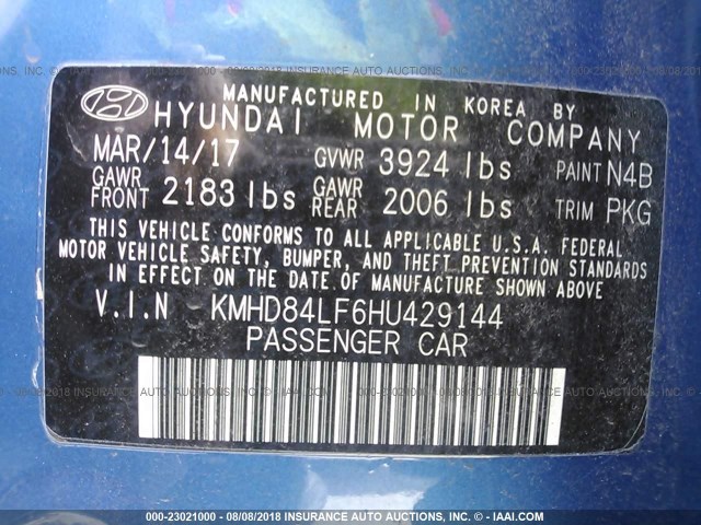 KMHD84LF6HU429144 - 2017 HYUNDAI ELANTRA SE/VALUE/LIMITED BLUE photo 9