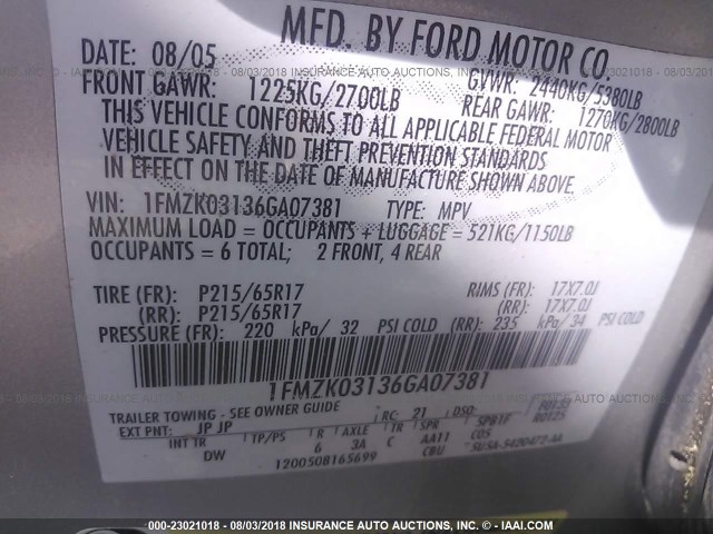 1FMZK03136GA07381 - 2006 FORD FREESTYLE LIMITED SILVER photo 9