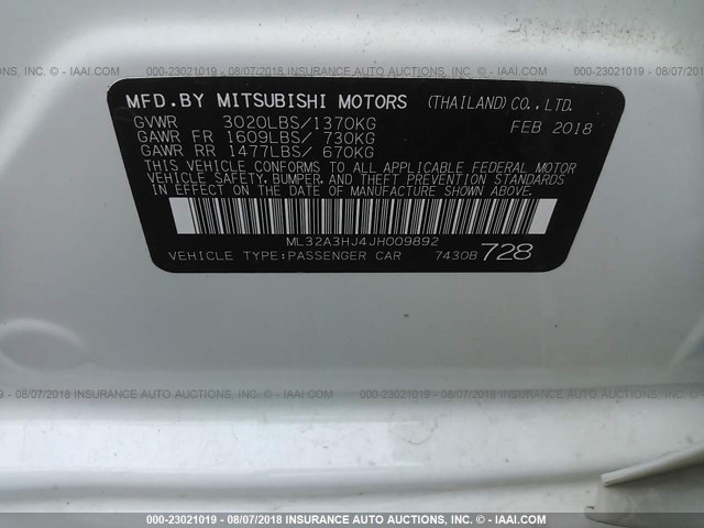 ML32A3HJ4JH009892 - 2018 MITSUBISHI MIRAGE ES WHITE photo 9