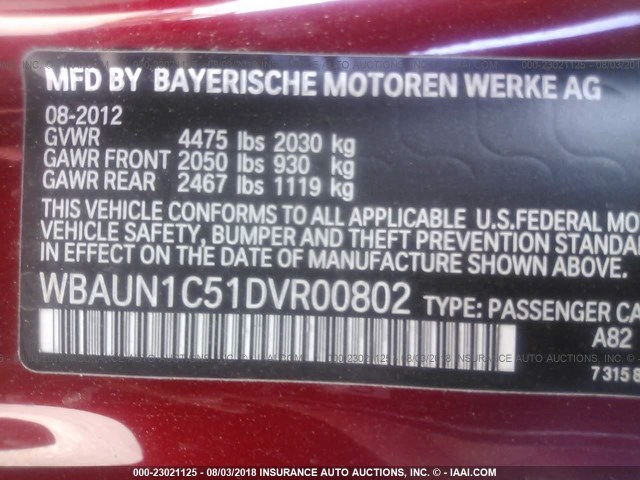 WBAUN1C51DVR00802 - 2013 BMW 128 I BURGUNDY photo 9