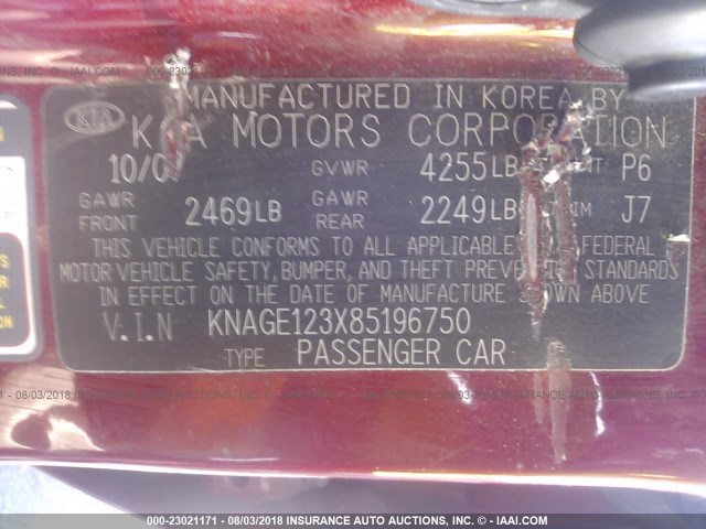 KNAGE123X85196750 - 2008 KIA OPTIMA LX/EX RED photo 9