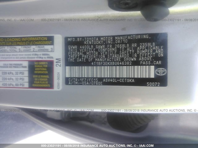4T1BF3EKXBU646382 - 2011 TOYOTA CAMRY SE/LE/XLE ვერცხლისფერი ფოტო 9