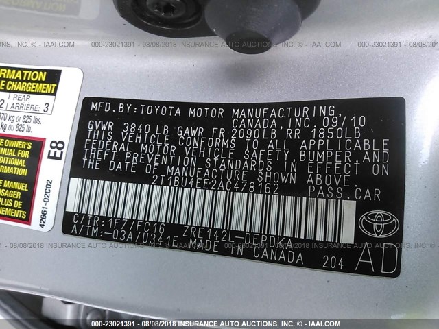 2T1BU4EE2AC478162 - 2010 TOYOTA COROLLA S/LE/XLE SILVER photo 9