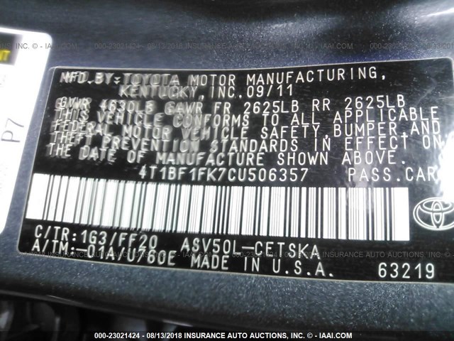 4T1BF1FK7CU506357 - 2012 TOYOTA CAMRY SE/LE/XLE ნაცრისფერი ფოტო 9