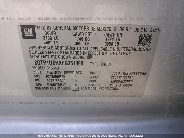 3GTP1UEHXFG251890 - 2015 GMC SIERRA C1500 SLE SILVER photo 9