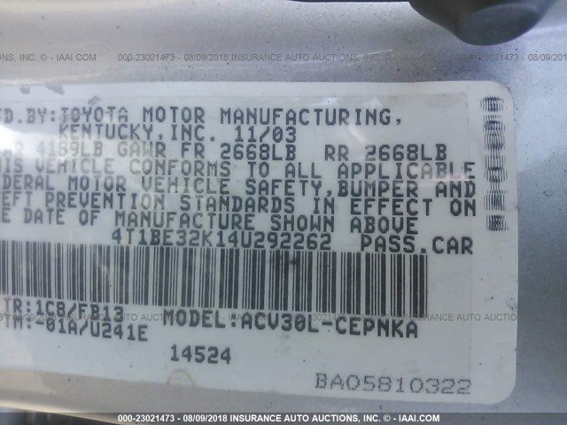 4T1BE32K14U292262 - 2004 TOYOTA CAMRY LE/XLE/SE 银色 照片 9