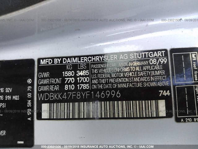 WDBKK47F8YF146996 - 2000 MERCEDES-BENZ SLK 230 KOMPRESSOR SILVER photo 9