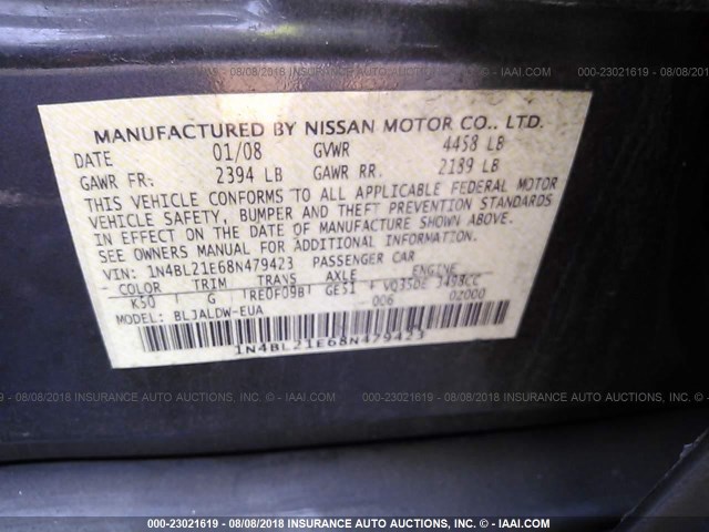 1N4BL21E68N479423 - 2008 NISSAN ALTIMA 3.5SE/3.5SL GRAY photo 9