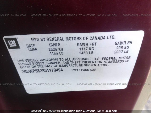 2G2WP552861178494 - 2006 PONTIAC GRAND PRIX RED photo 9