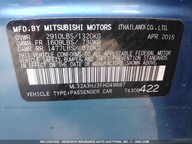 ML32A3HJ3FH049887 - 2015 MITSUBISHI MIRAGE DE BLUE photo 9