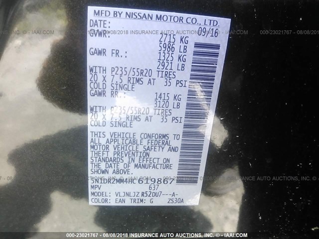 5N1DR2MM4HC619867 - 2017 NISSAN PATHFINDER S/SV/SL/PLATINUM GREEN photo 9