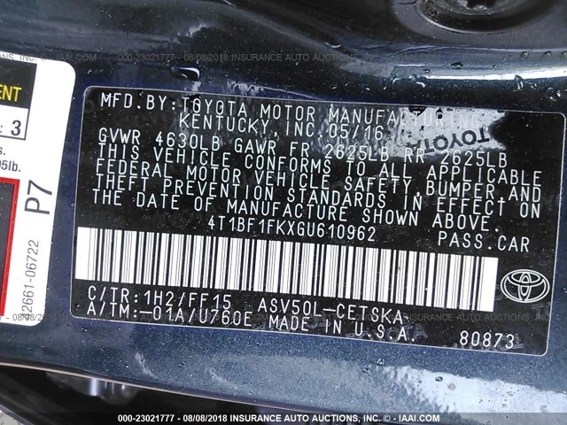 4T1BF1FKXGU610962 - 2016 TOYOTA CAMRY LE/XLE/SE/XSE 蓝色 照片 9