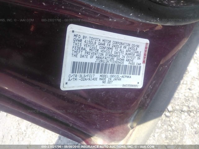 JT2BG12K7T0393405 - 1996 TOYOTA CAMRY DX/LE/XLE MAROON photo 9