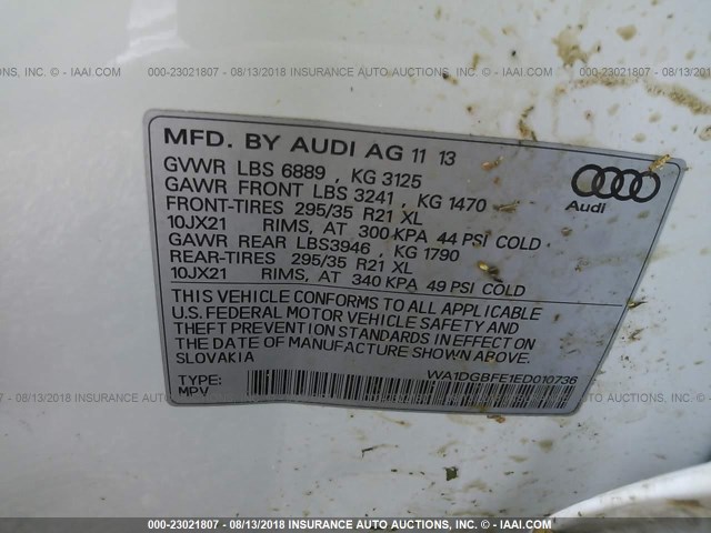 WA1DGBFE1ED010736 - 2014 AUDI Q7 PRESTIGE WHITE photo 9
