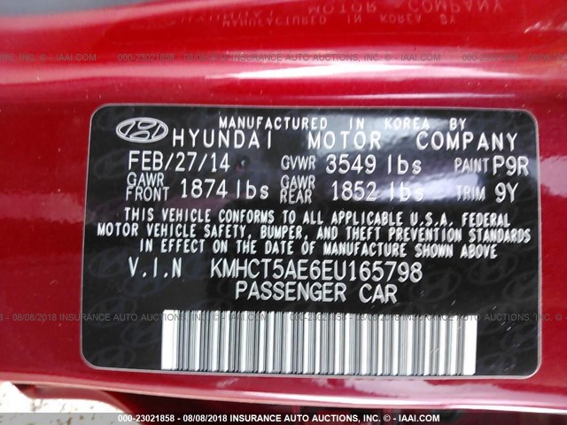 KMHCT5AE6EU165798 - 2014 HYUNDAI ACCENT GLS/GS RED photo 9