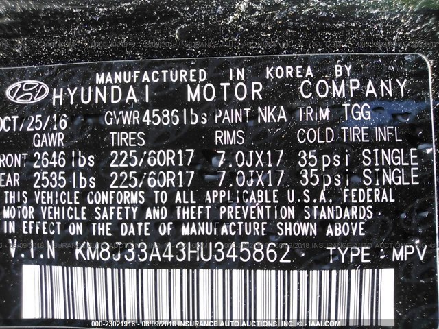 KM8J33A43HU345862 - 2017 HYUNDAI TUCSON LIMITED/SPORT AND ECO/SE BLACK photo 9
