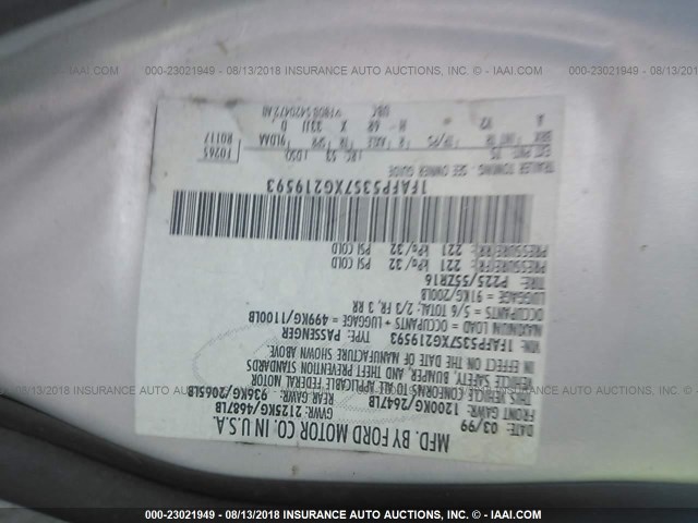 1FAFP53S7XG219593 - 1999 FORD TAURUS SE/COMFORT/SPORT GRAY photo 9