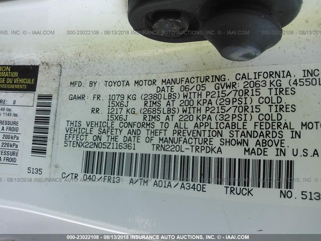 5TENX22N05Z116361 - 2005 TOYOTA TACOMA WHITE photo 9