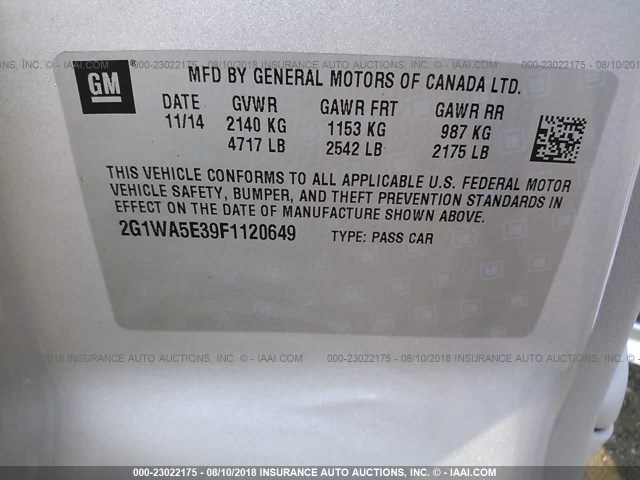 2G1WA5E39F1120649 - 2015 CHEVROLET IMPALA LIMITED LS SILVER photo 9