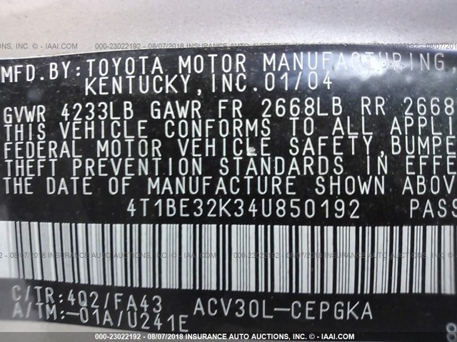 4T1BE32K34U850192 - 2004 TOYOTA CAMRY LE/XLE/SE 金色 照片 9