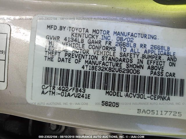 4T1BE32K82U629006 - 2002 TOYOTA CAMRY LE/XLE/SE Алтын фото 9