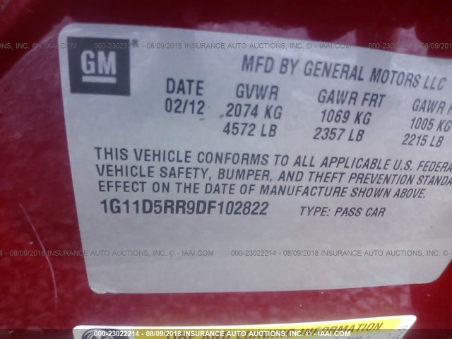 1G11D5RR9DF102822 - 2013 CHEVROLET MALIBU 1LT წითელი ფოტო 9