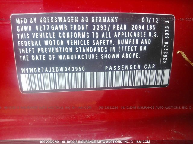 WVWDB7AJ2DW043950 - 2013 VOLKSWAGEN GOLF RED photo 9