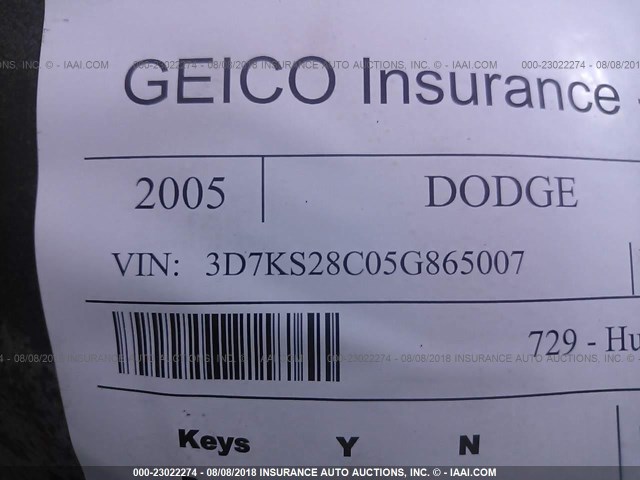 3D7KS28C05G865007 - 2005 DODGE RAM 2500 ST/SLT 白色 照片 9