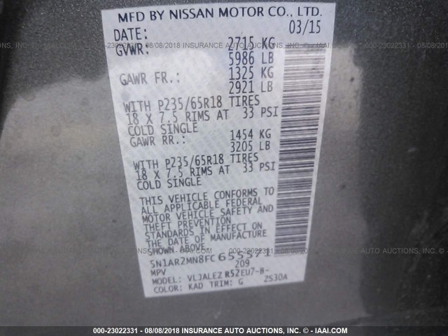 5N1AR2MN8FC655571 - 2015 NISSAN PATHFINDER S/SV/SL/PLATINUM GRAY photo 9