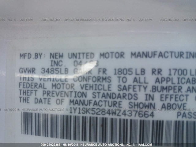 1Y1SK5284WZ437664 - 1998 CHEVROLET GEO PRIZM LSI WHITE photo 9