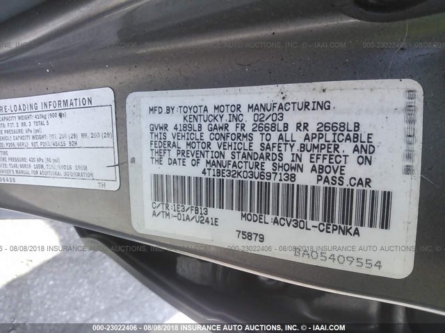 4T1BE32K03U697138 - 2003 TOYOTA CAMRY LE/XLE/SE Boz foto 9