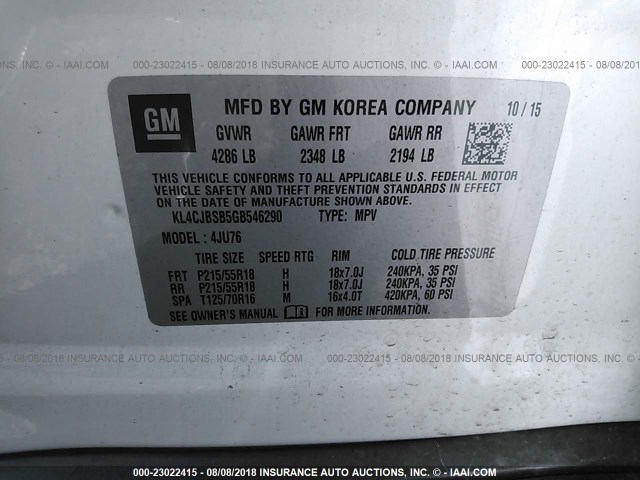 KL4CJBSB5GB546290 - 2016 BUICK ENCORE CONVENIENCE 白色 照片 9