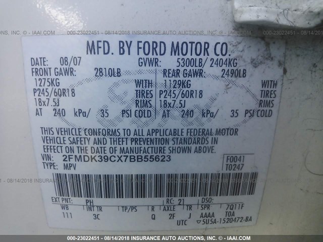 2FMDK39CX7BB55623 - 2007 FORD EDGE SEL PLUS CREAM photo 9