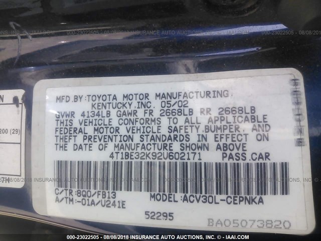 4T1BE32K92U602171 - 2002 TOYOTA CAMRY LE/XLE/SE Mavi foto 9