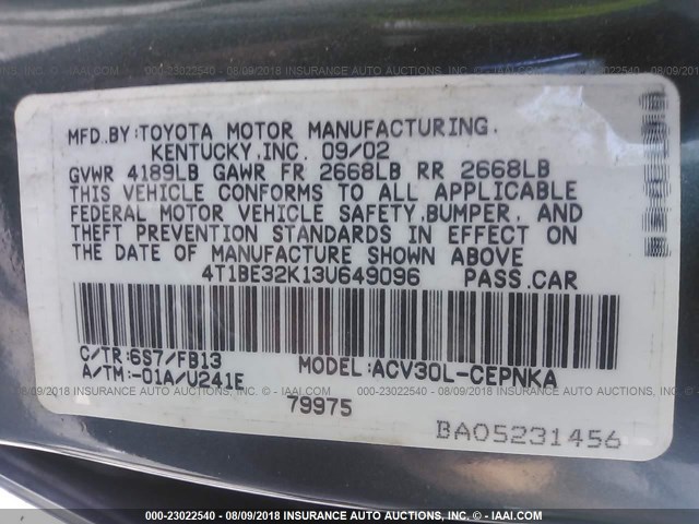 4T1BE32K13U649096 - 2003 TOYOTA CAMRY LE/XLE/SE 绿色 照片 9