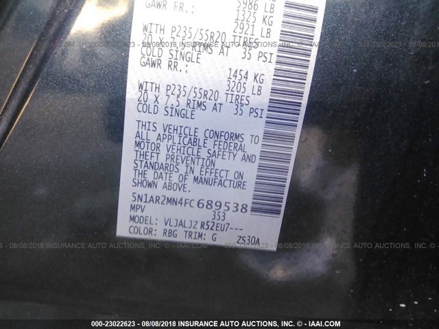 5N1AR2MN4FC689538 - 2015 NISSAN PATHFINDER S/SV/SL/PLATINUM BLUE photo 9