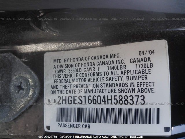 2HGES16604H588373 - 2004 HONDA CIVIC LX BLACK photo 9