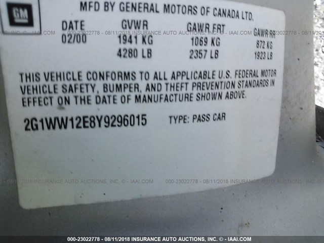 2G1WW12E8Y9296015 - 2000 CHEVROLET MONTE CARLO LS 银色 照片 9