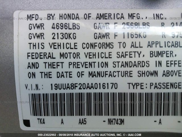 19UUA8F20AA016170 - 2010 ACURA TL SILVER photo 9