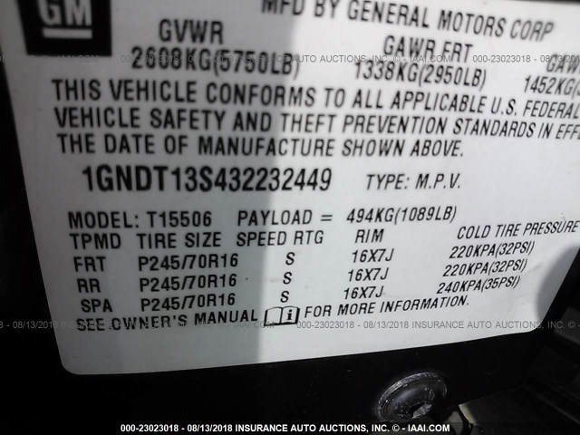 1GNDT13S432232449 - 2003 CHEVROLET TRAILBLAZER  GRAY photo 9