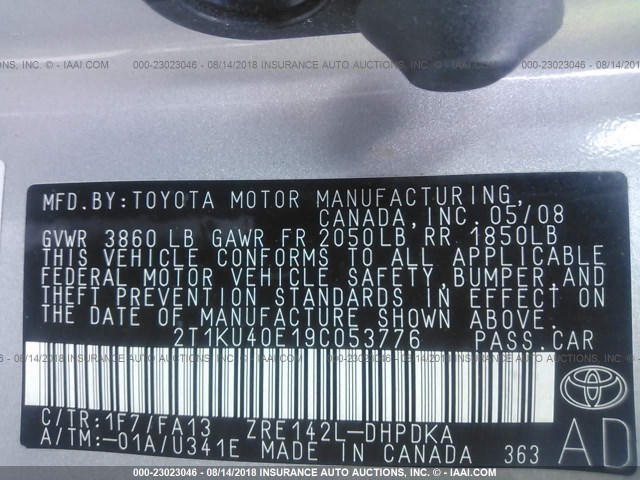 2T1KU40E19C053776 - 2009 TOYOTA COROLLA MATRIX  SILVER photo 9